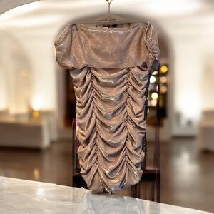 Curvy sense Shimmering Ruched Off-Shoulder Dress rose gold 3x